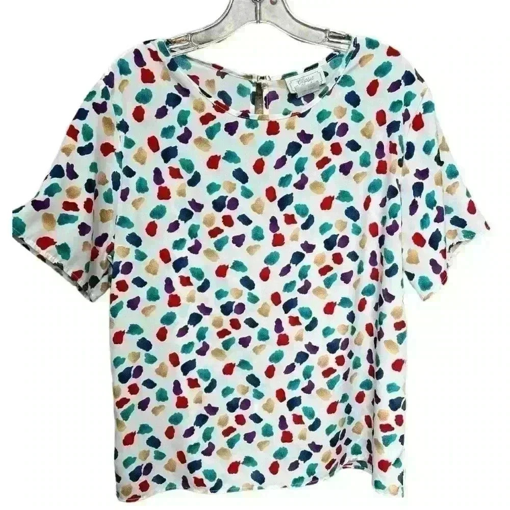 Vintage Colorful Short Sleeve Blouse with Multicolored Abstract Print Size 12 - Picture 6 of 8